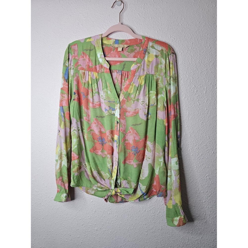 Hope & Harlow Green Floral Watercolor Tie Front Button Down Blouse Large Artsy